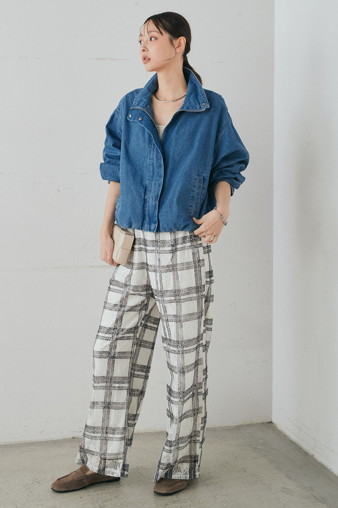 [SET]スタンドカラーデニムブルゾンジャケット+レースチェックワイドイージーパンツ(2set)