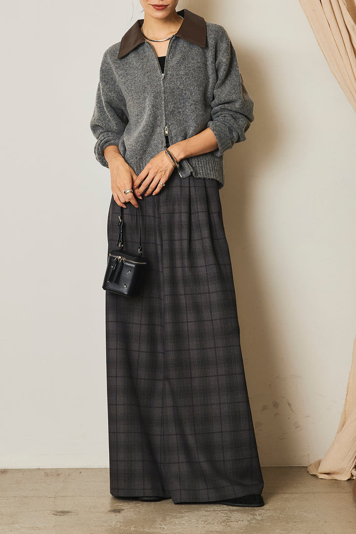 [SET]杢ストレッチフェイクレザー衿ニットブルゾン+タック入りタータンチェックワイドパンツ(2set)