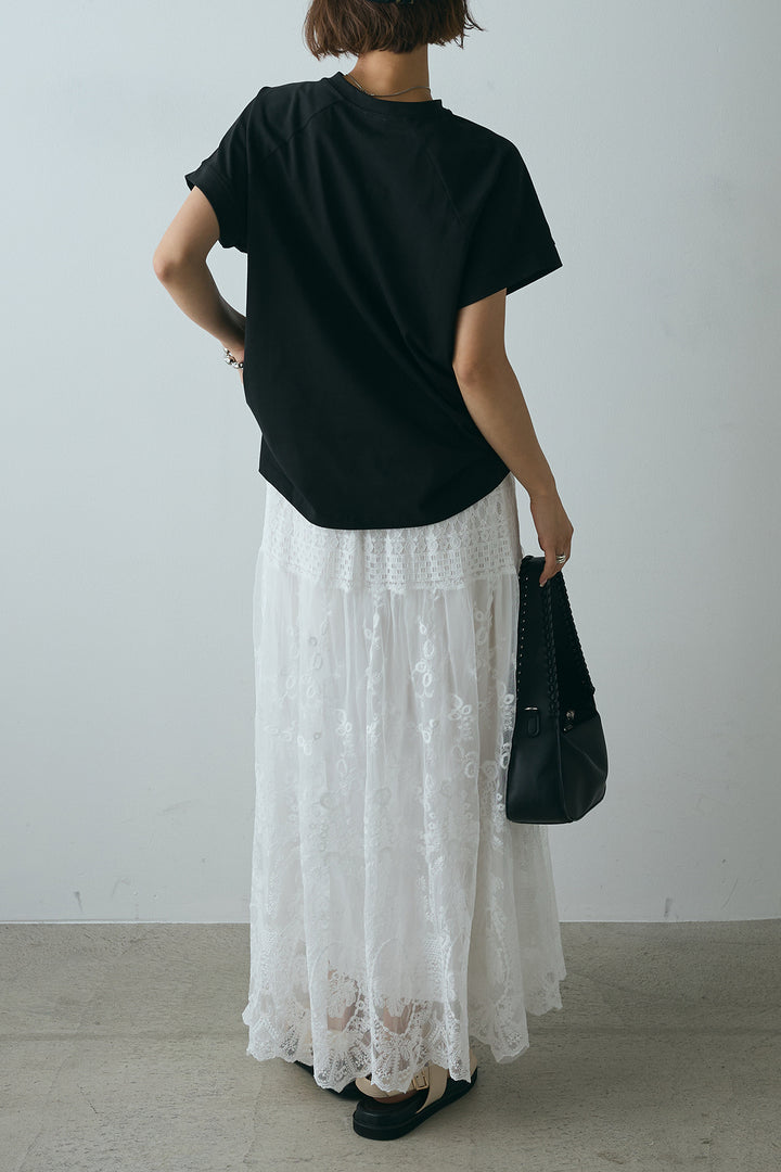 [SET]フォトプリントラグランTシャツ+ミックスレース刺繍スカート(2set)