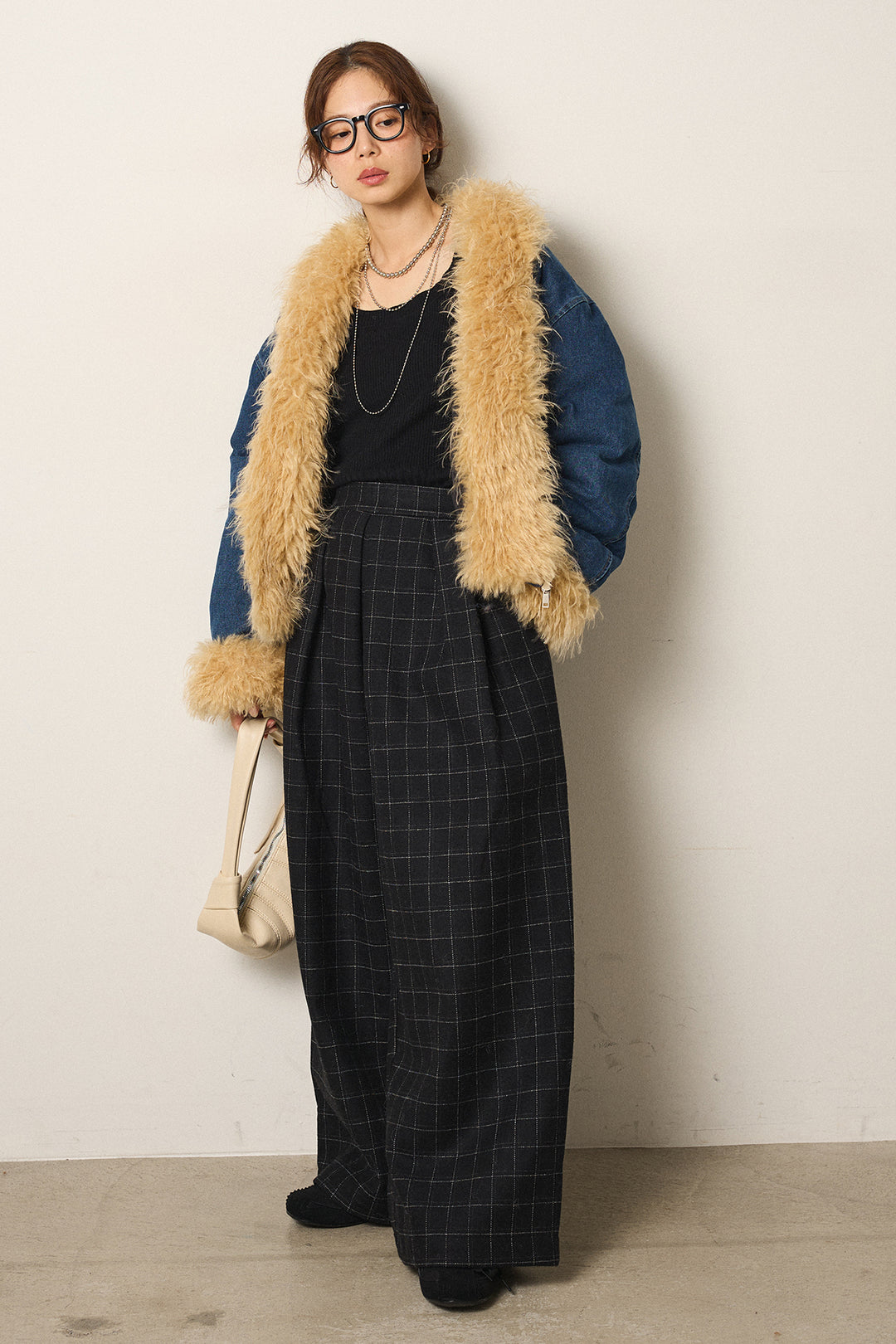 [SET]エコファーデニムボアジャケット+ウールライクチェックタックパンツ(2set)