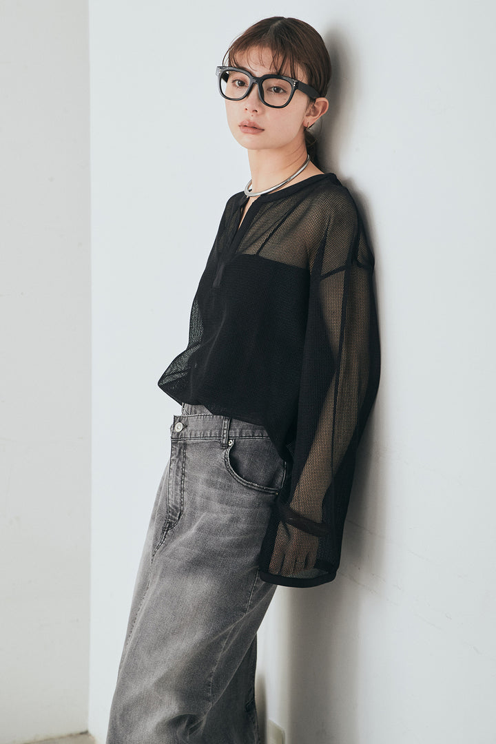 [SET]メッシュカットソースキッパープルオーバー+ウエストクロスデニムタイトスカート(2set)