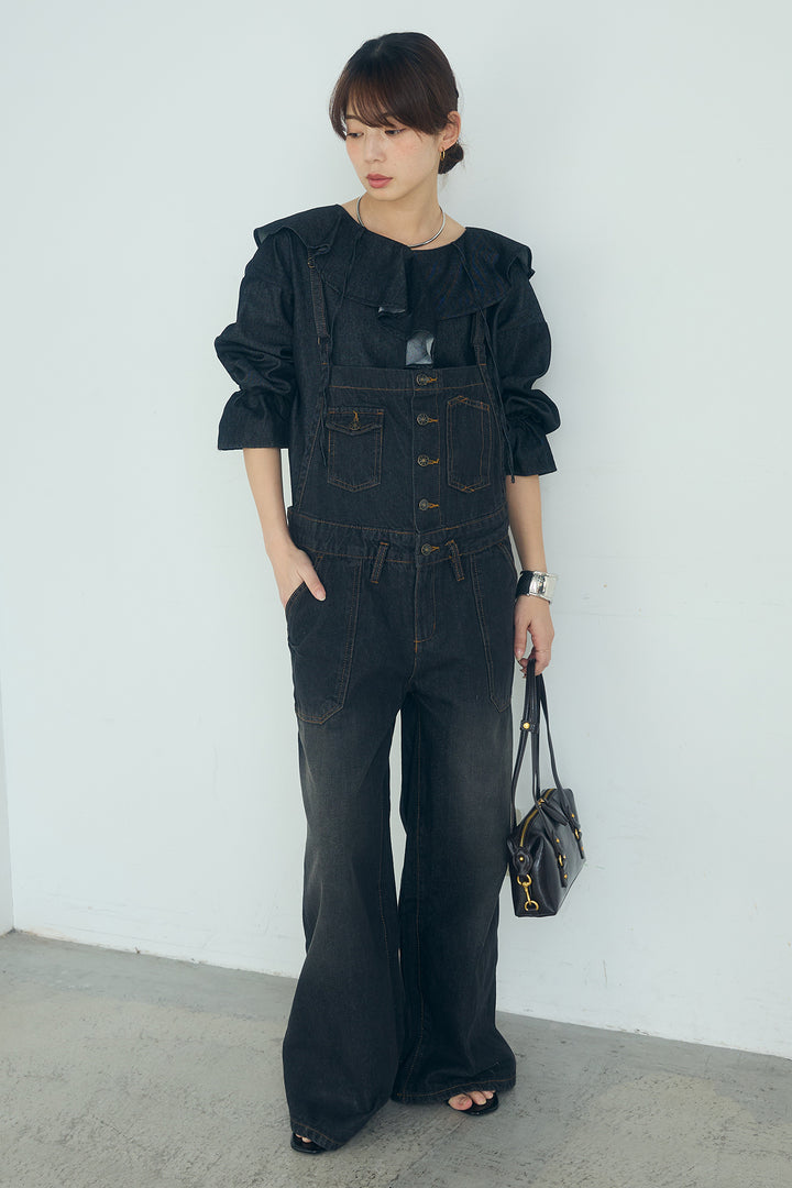 [SET]デニムフリルブラウス+デニムサロペットワイドパンツ(2set)