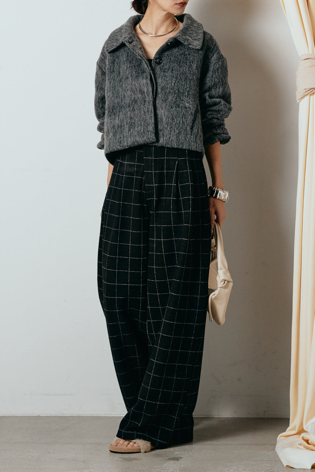 [SET]シャギーショートジャケット+スクエアチェック柄ワイドパンツ(2set)