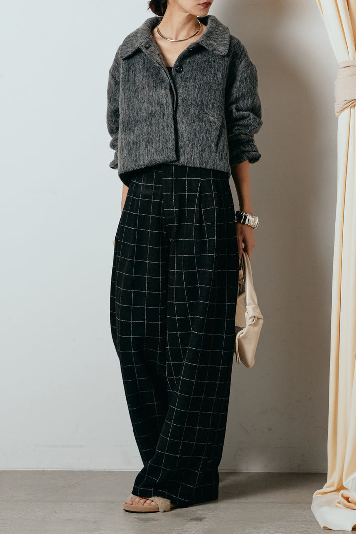[SET]シャギーショートジャケット+スクエアチェック柄ワイドパンツ(2set)