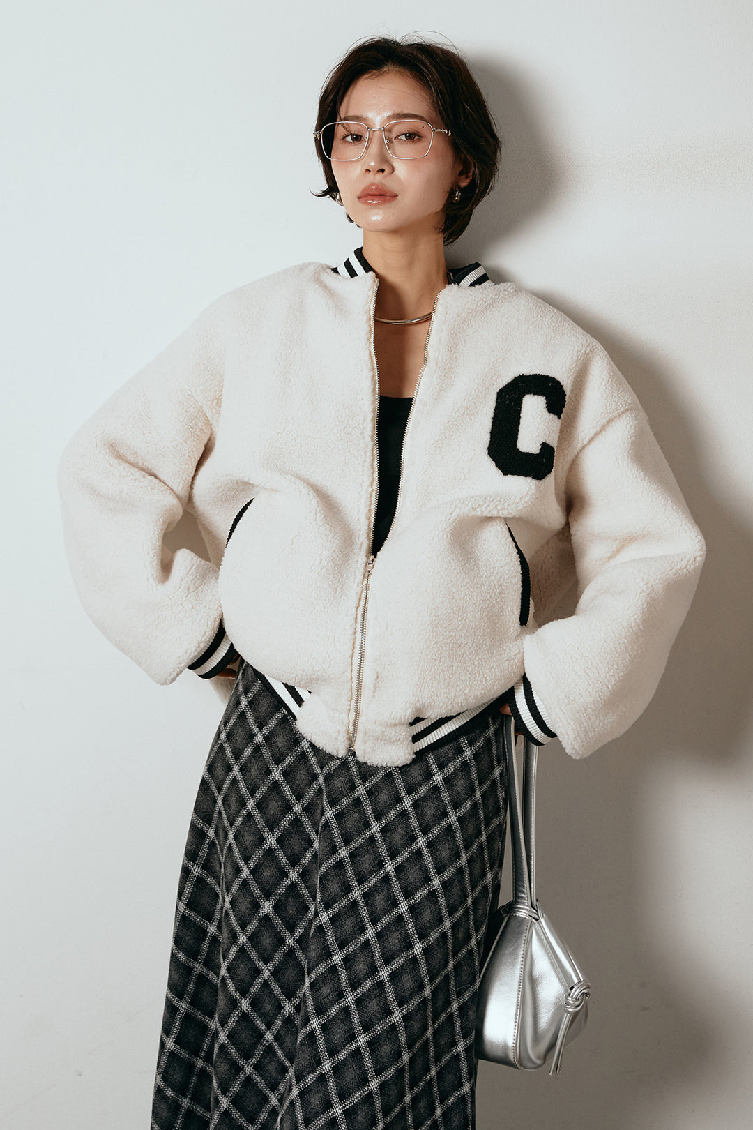 [SET]ロゴスタジャンボアブルゾン+フロッキー起毛チェックスカート(2set)