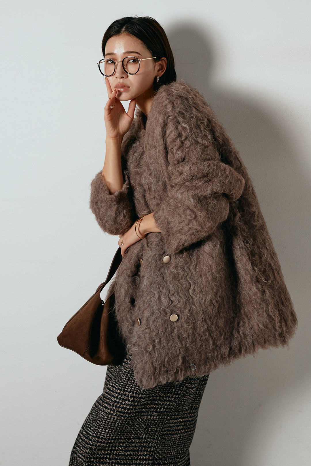 [SET]ウェーブシャギーニットジャケット+グレンチェック柄フロントジップタイトスカート(2set)