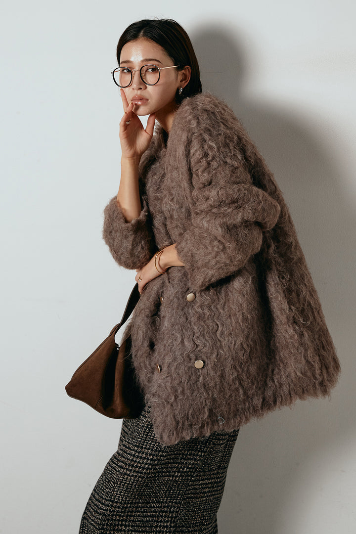 [SET]ウェーブシャギーニットジャケット+グレンチェック柄フロントジップタイトスカート(2set)