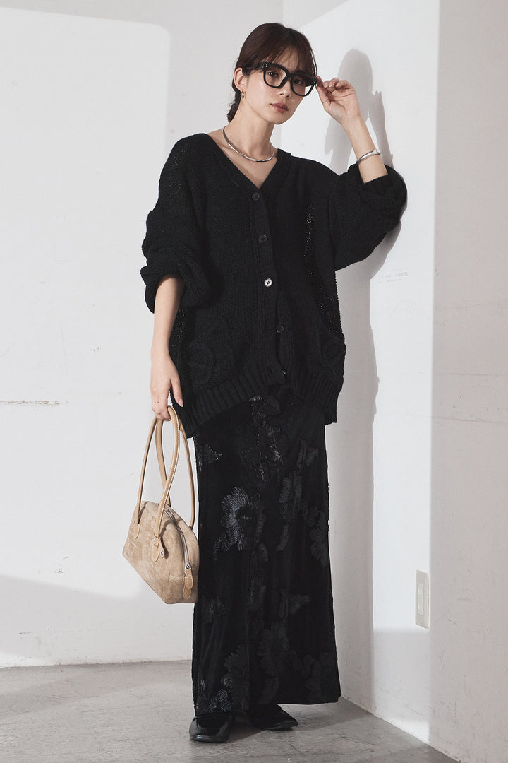 [SET]コード刺繍リラックスニットカーディガン+フラワー刺繍ワイドスカート(2set)