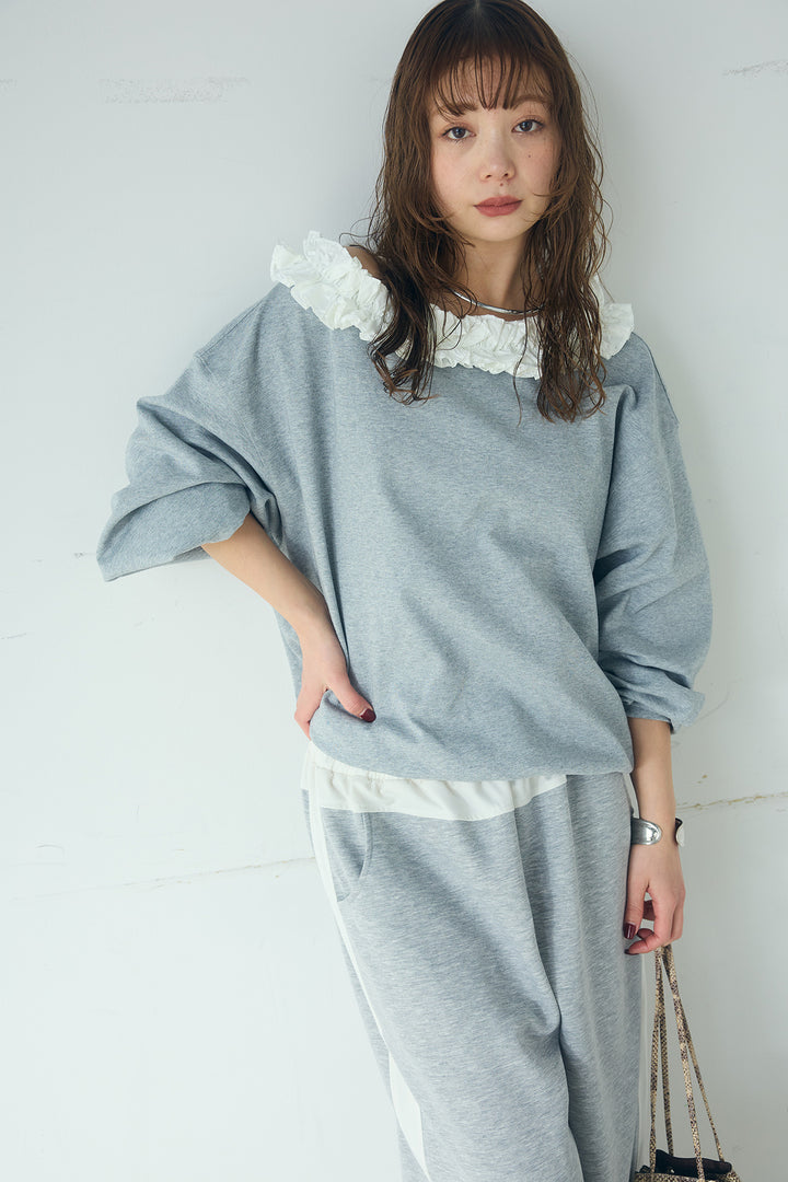 [SET]ネックギャザーフリルスウェット+異素材切り替えスウェットパンツ(2set)
