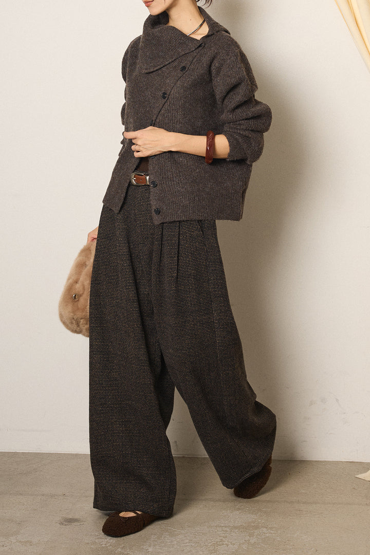 [SET]ボタンデザインネックニットプルオーバー+起毛タック入りツイードワイドパンツ(2set)