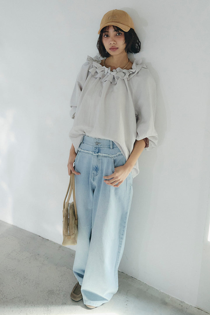 [SET]ネックフリルデザインブラウス+ウエスト裁ち切りデニムワイドパンツ(2set)