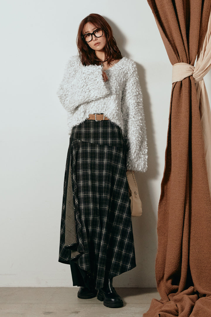 [SET]深Vネックチョウチョヤーンニットトップス+フェイクレザーベルト付き切り替えタータンチェックスカート(2set)
