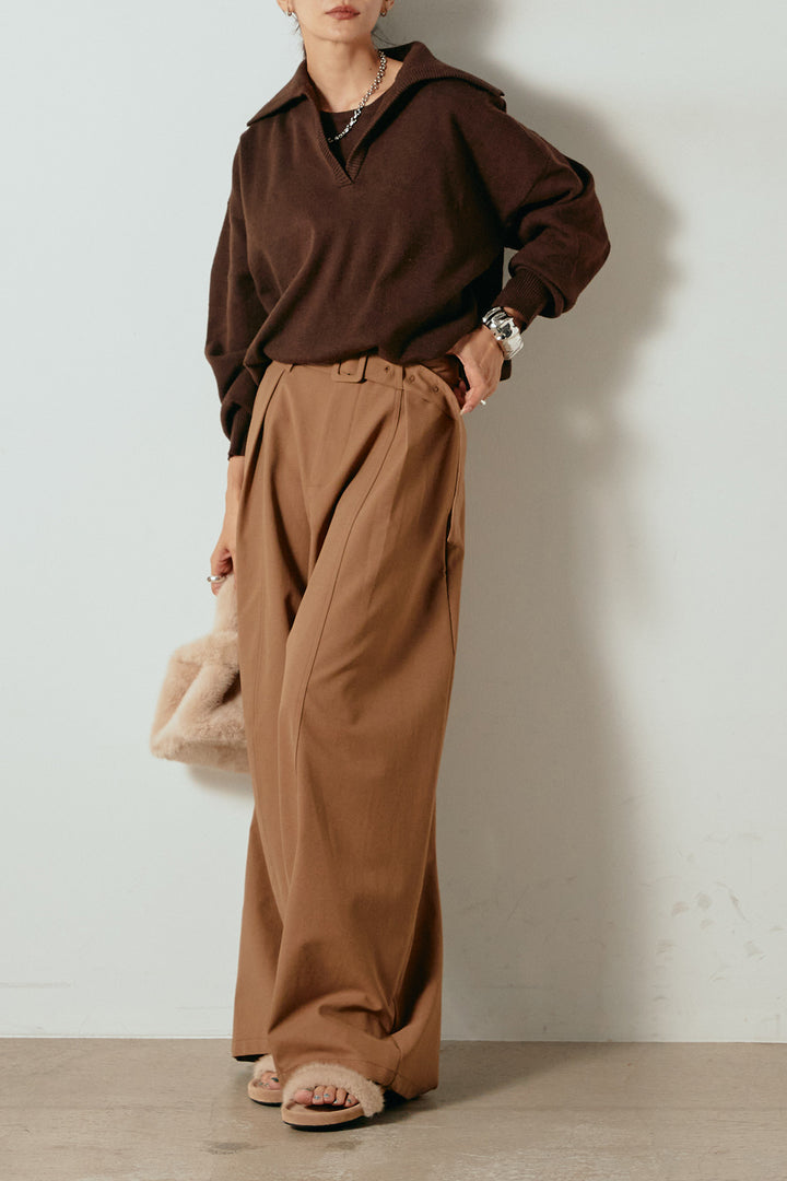 [SET]レイヤードデザインバルーンニット+太ベルト付きタックワイドパンツ(2set)