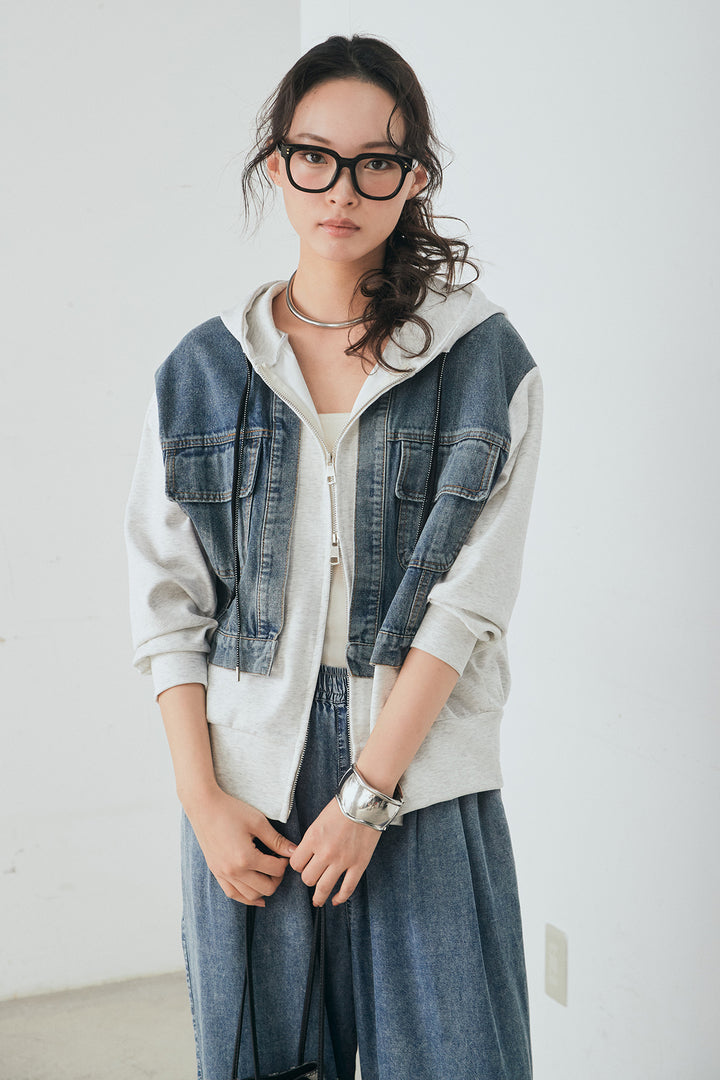 [SET]デニム切替ポンチダブルジップパーカー+テンセルデニムイージーワイドパンツ(2set)