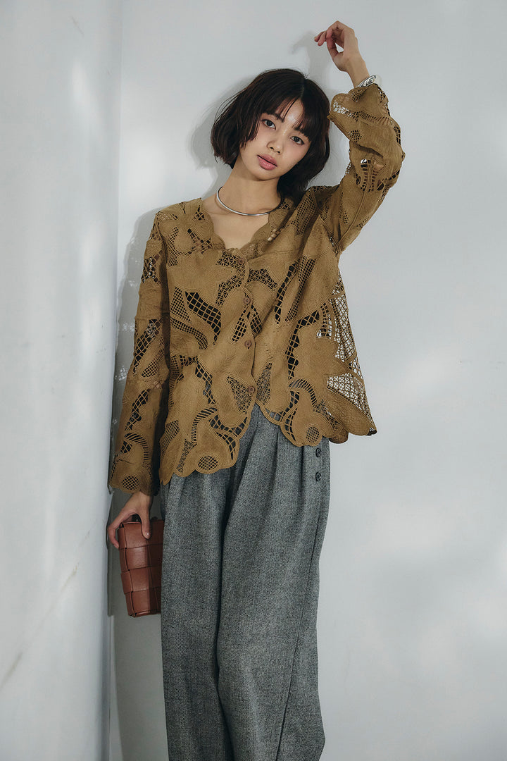[SET]フラワー刺繍レースブラウス+サイドボタンツイードタックパンツ(2set)