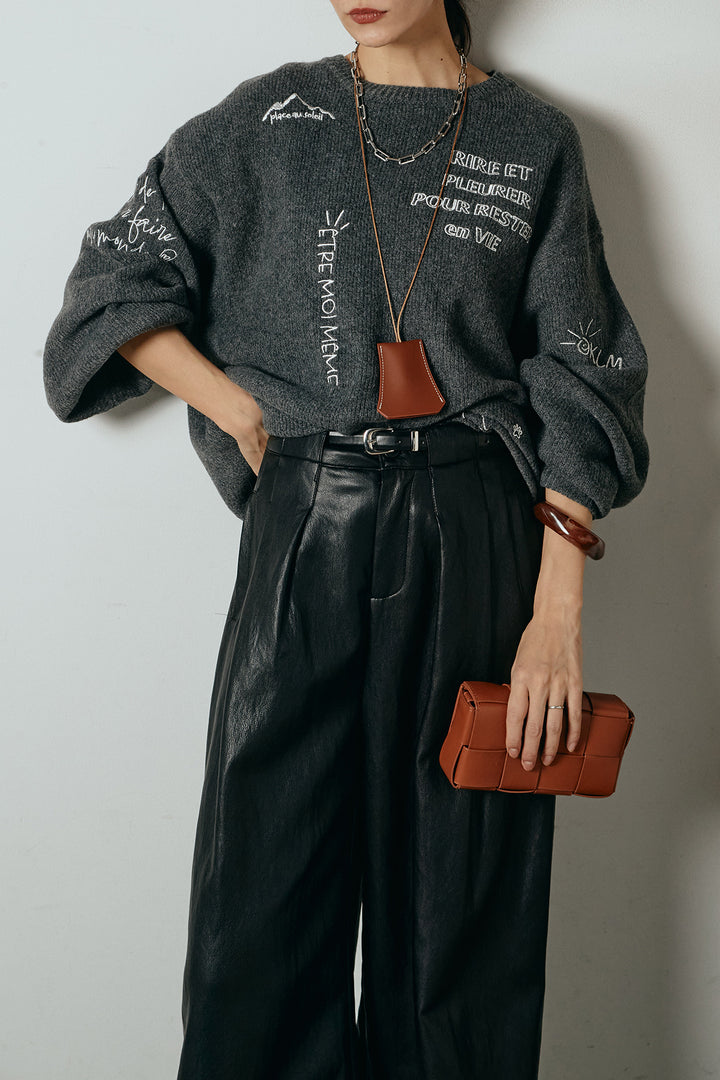 [SET]刺繍ロゴランダムデザインニットトップス+ベルト付きレザーライクタックパンツ(2set)