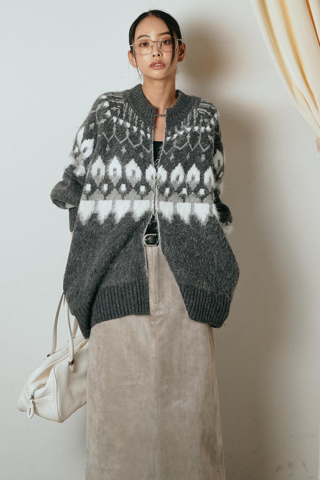 [SET]起毛ダブルジップパターンニットカーディガン+エコスウェードワイドスカート(2set)