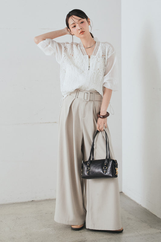 [SET]モチーフ付きシアーブルゾン+ベルト付きツータックワイドパンツ+ベルト付きツータックワイドパンツ(3set)