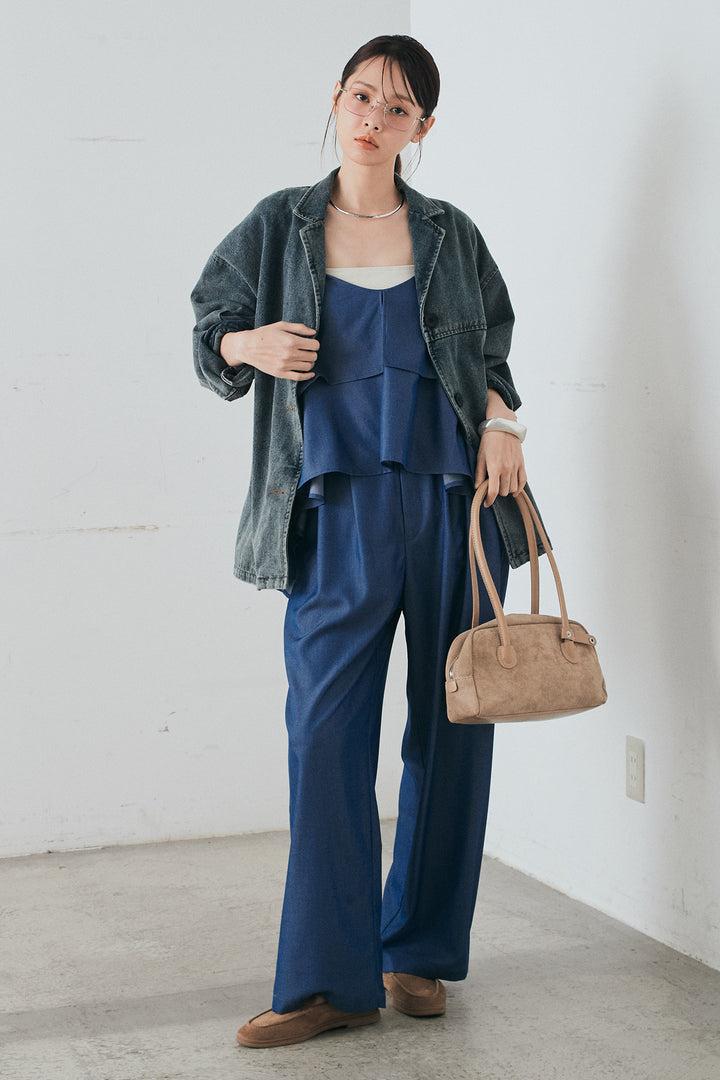 [SET]オーバーデニムジャケット+デニムライクツイルタックパンツ+デニムライクツイルティアードキャミソール(3set)