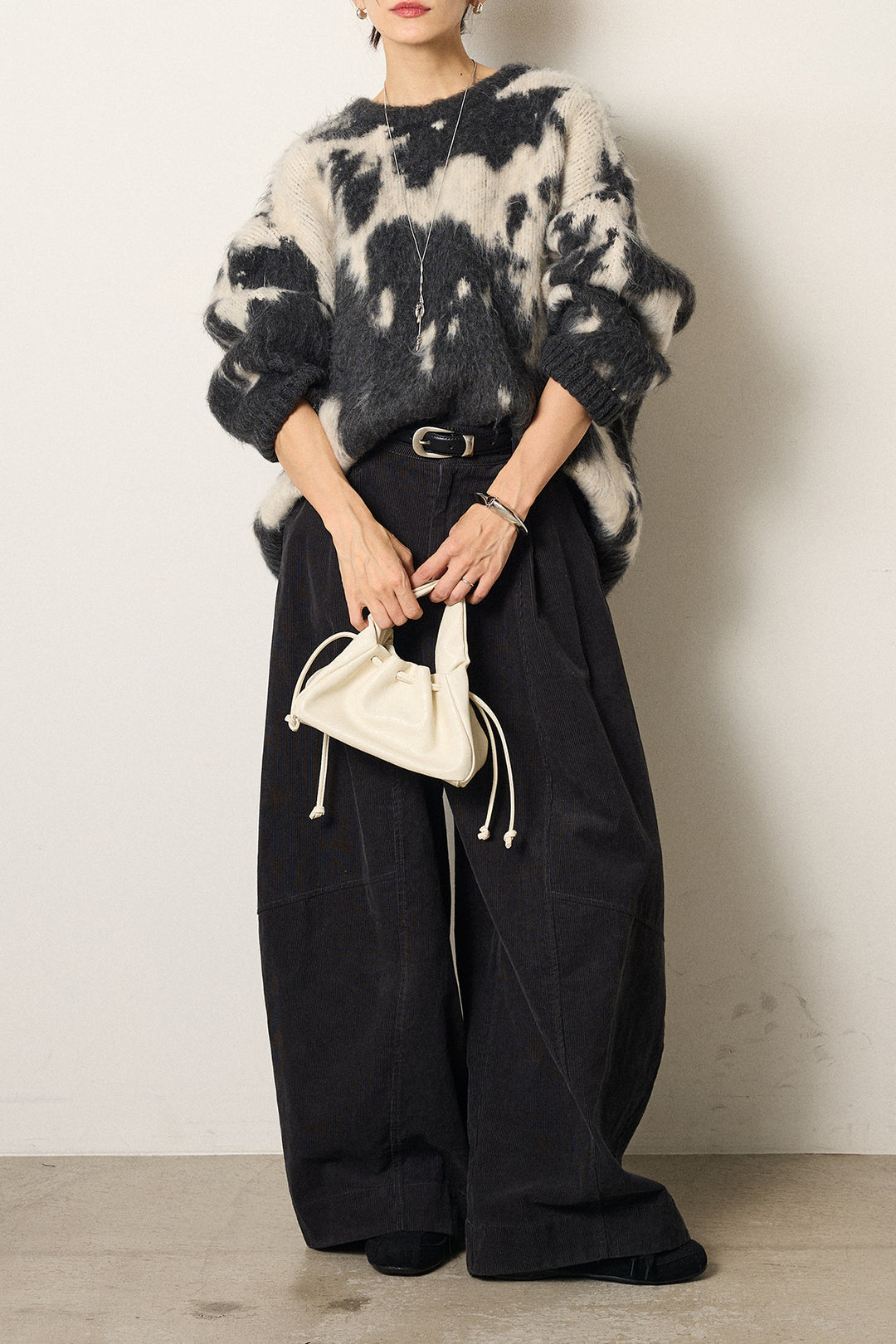 【着回しセット】[SET]モヘアタッチマーブルニット+タック入りコーデュロイワイドパンツ+ロープベルト付きスウェード調スカート(3set)