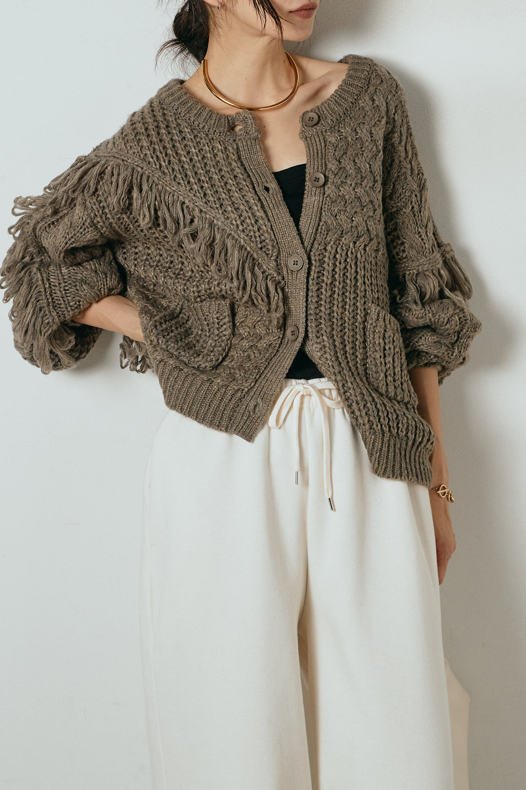 [SET]ランダムフリンジニットカーディガン+裏起毛スウェットワイドパンツ(2set)