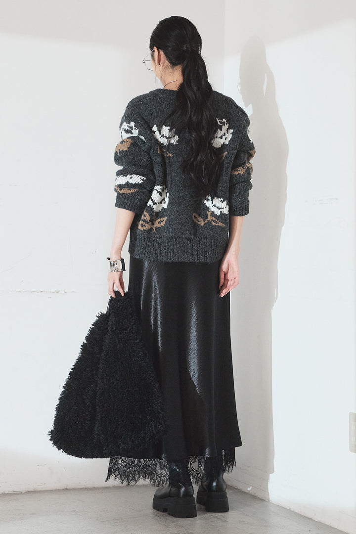 [SET]花柄ジャガードニットカーディガン+裾レースデザインサテンスカート(2set)