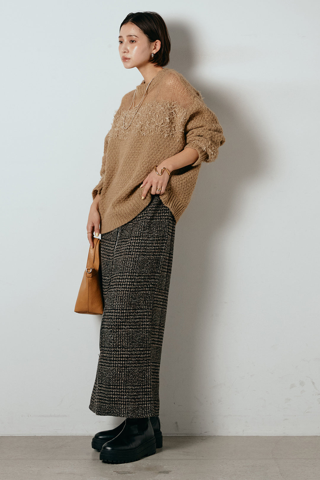 [SET]パターンランダム編みニットトップス+グレンチェック柄フロントジップタイトスカート(2set)