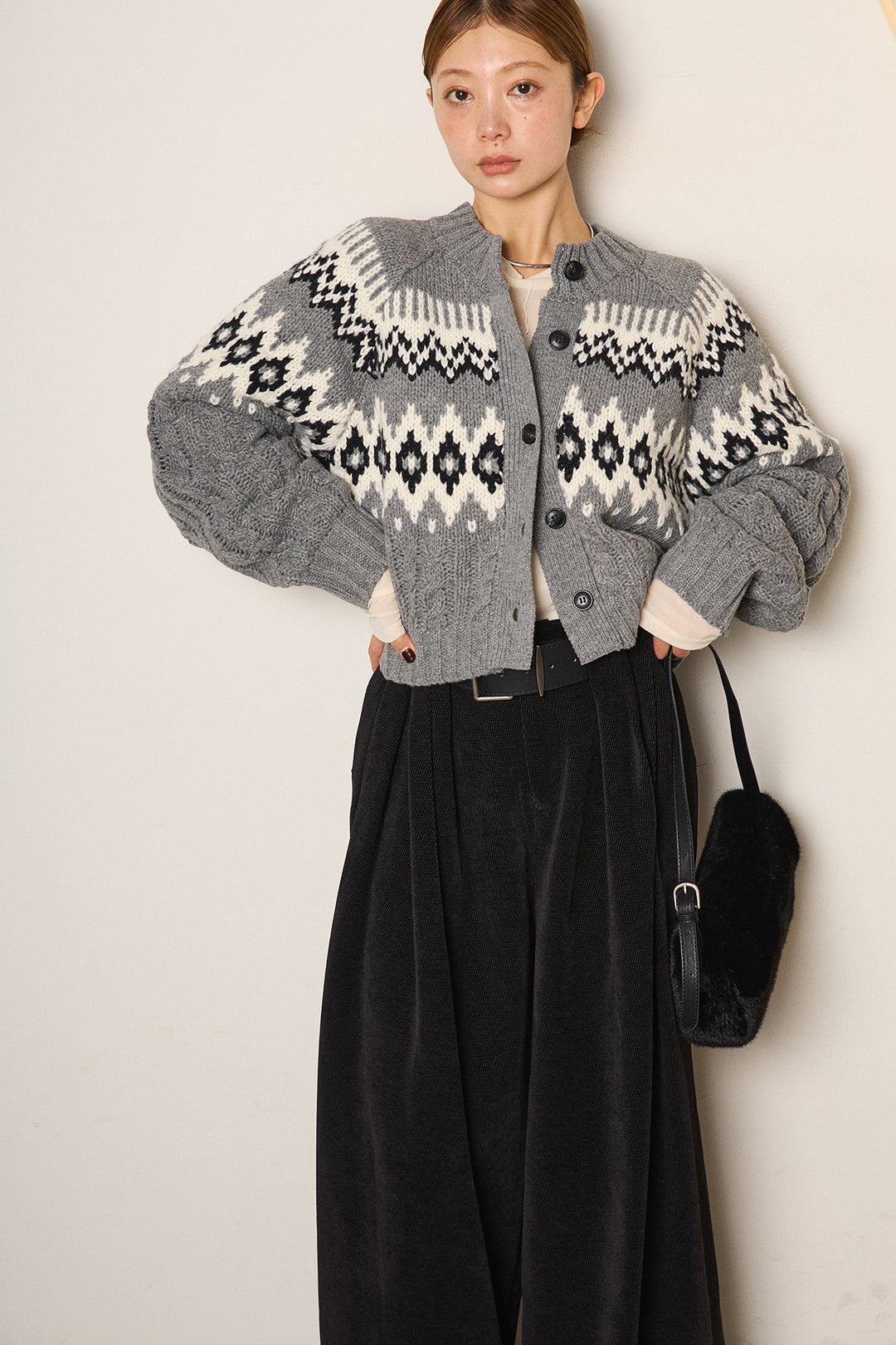 [SET]2WAY求心柄ジャガードショートカーディガン+ベルトループコーデュロイワイドパンツ+2WAY袖コード刺繍クルーネックプルオーバー(3set)