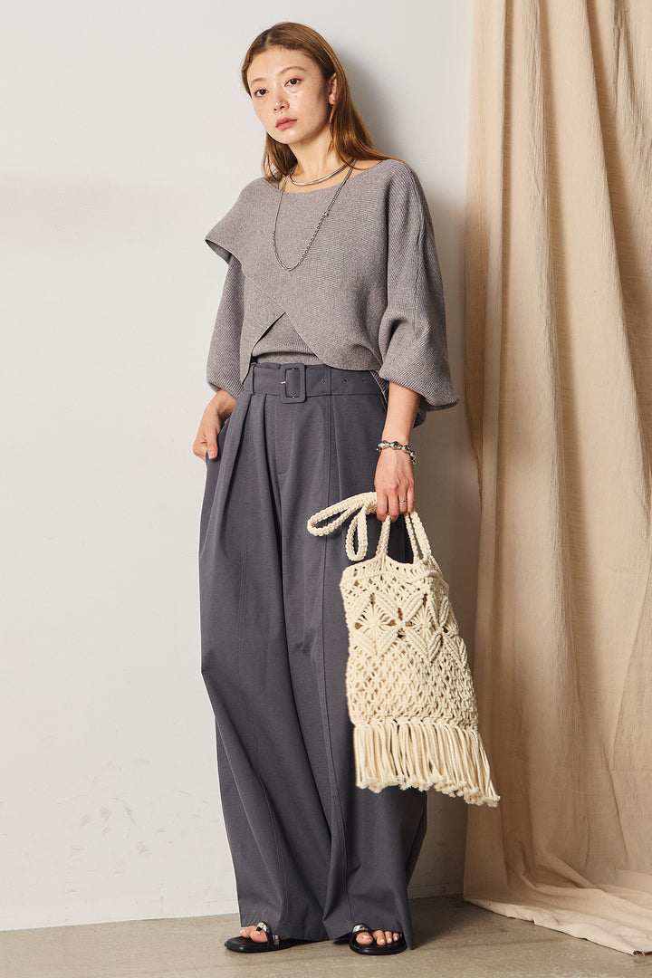 [SET]タンク付きクロスデザインニットプルオーバー+太ベルト付きタックワイドパンツ(2set)