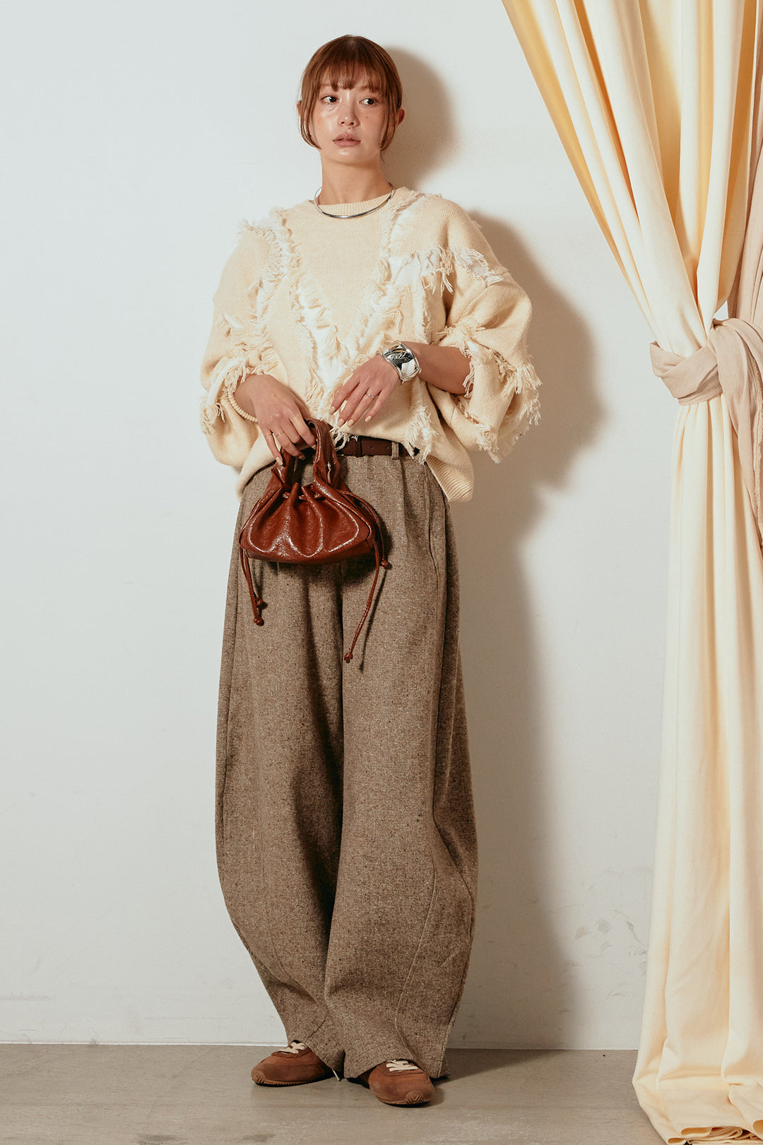 [SET]シャギージャガードニットトップス+ベルト付きネップツイードカーブパンツ(2set)