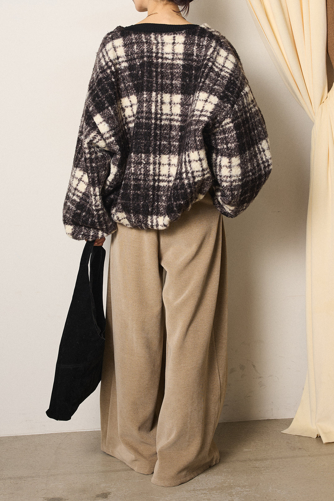 [SET]ノーカラーチェック柄ボアブルゾン+ベルトループコーデュロイワイドパンツ(2set)