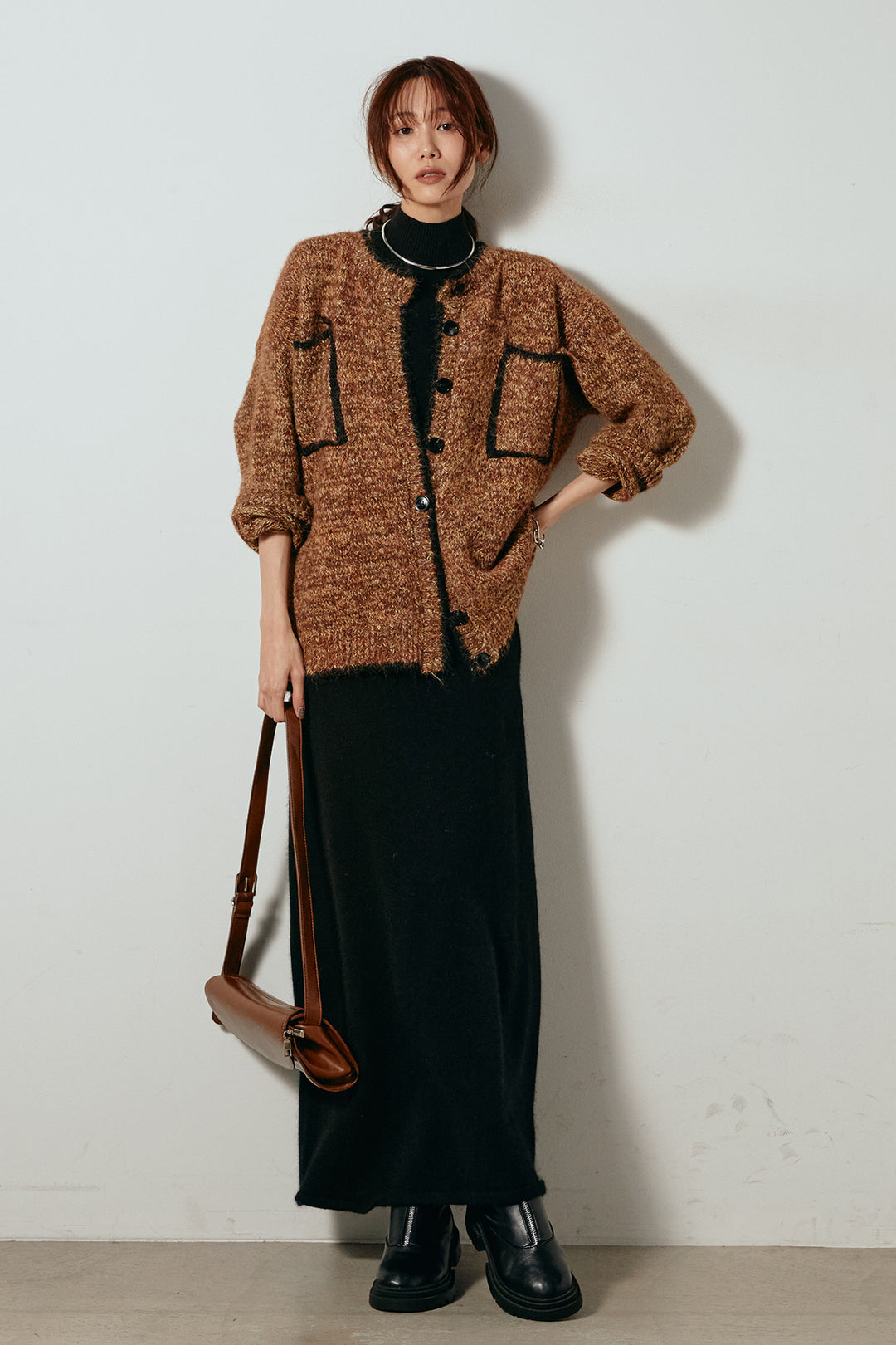 [SET]ミックスニットポケットカーディガン+ノースリーブニットロングワンピース(2set)