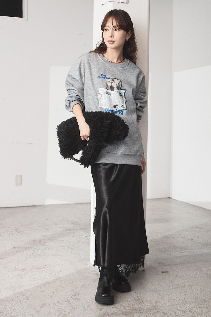 [SET]裏起毛モーニングキャットプリントスウェット+裾レースデザインサテンスカート(2set)