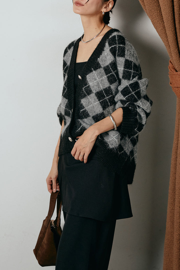 [SET]オーバーサイズ総柄Vネックニットカーディガン+ベルト付きウエストデザインパンツ(2set)