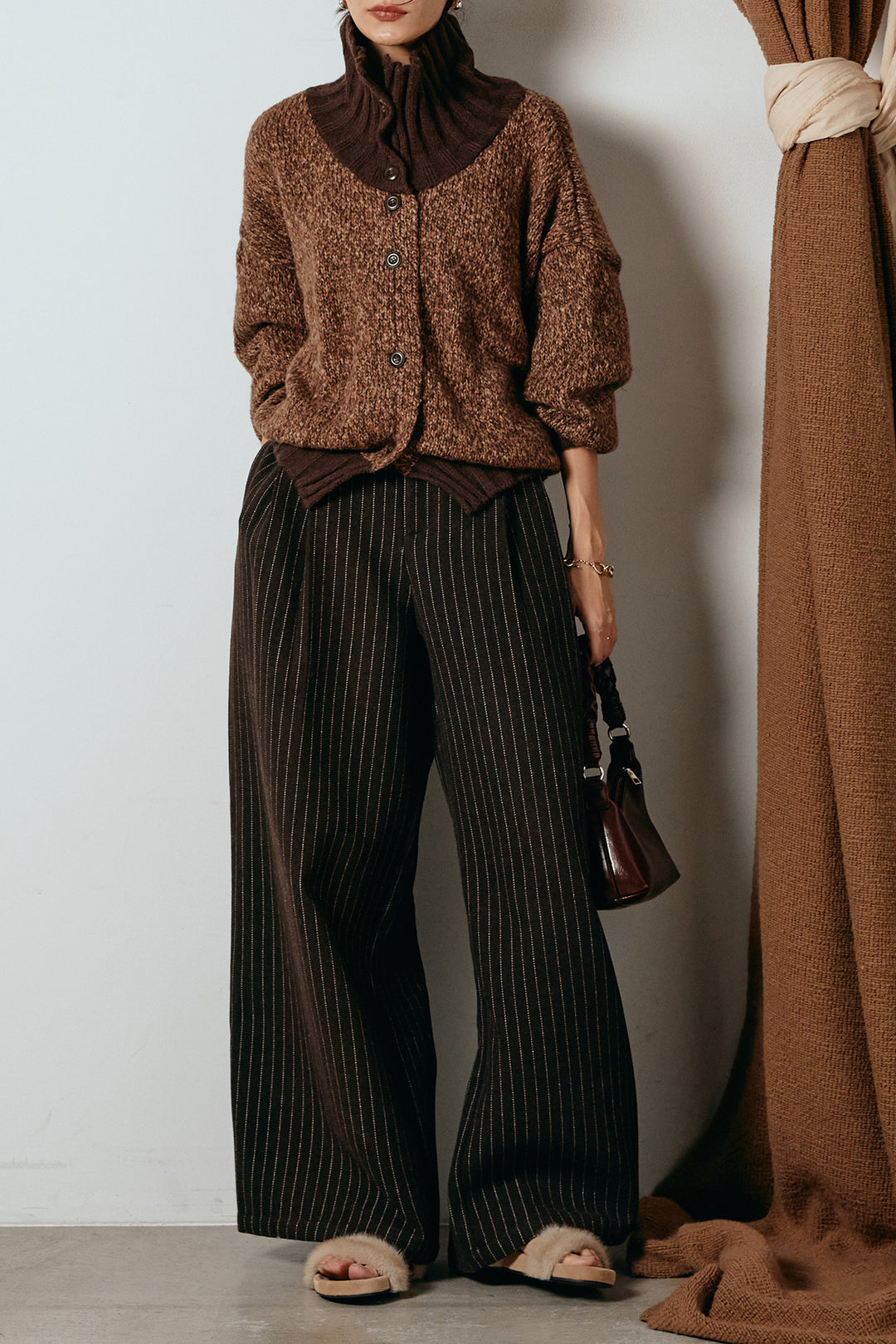 [SET]ハイネックミックスニットカーディガン+ウールライクストライプパンツ(2set)