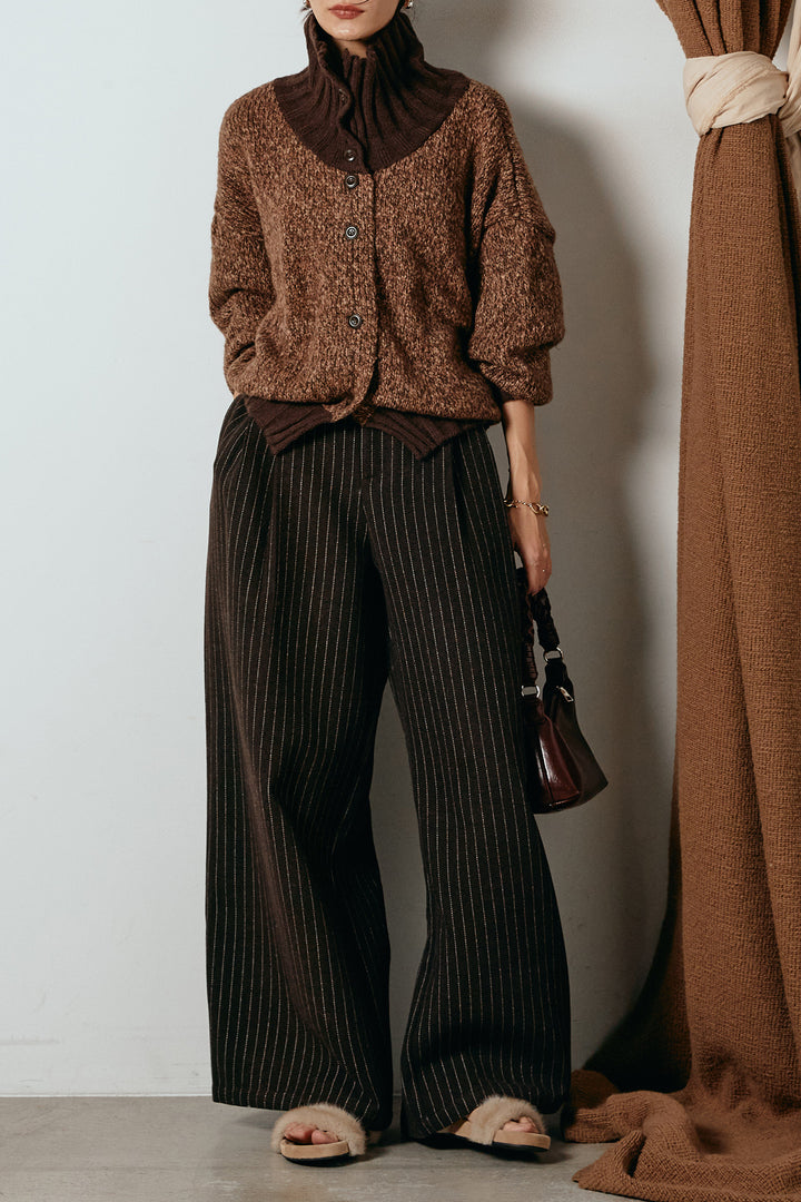 [SET]ハイネックミックスニットカーディガン+ウールライクストライプパンツ(2set)