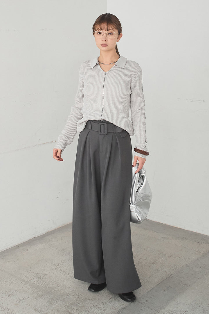 [SET]衿付きニットプルオーバー+ベルト付きツータックワイドパンツ(2set)