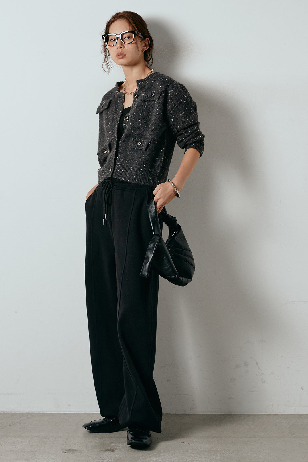 [SET]ネップニットカーディガン+スウェットワイドカーブパンツ(2set)