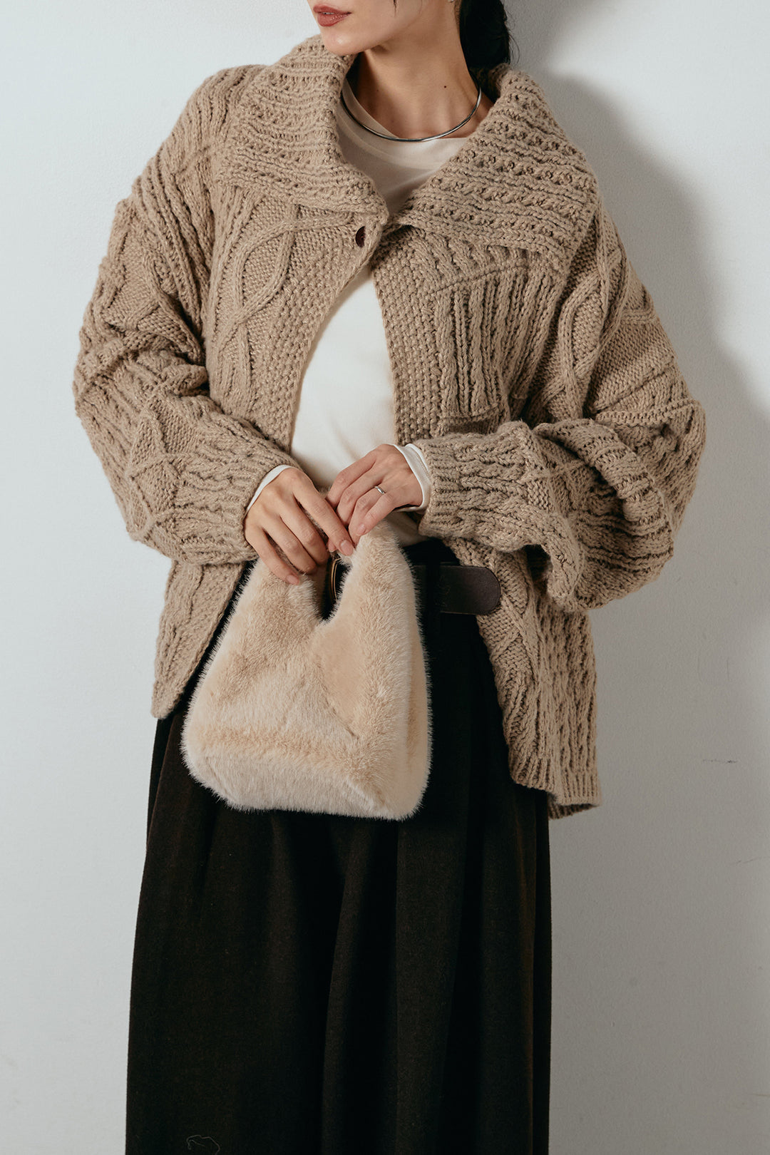 [SET]ビッグカラーケーブル編みニットトップス+2WAY袖コード刺繍クルーネックプルオーバー(2set)