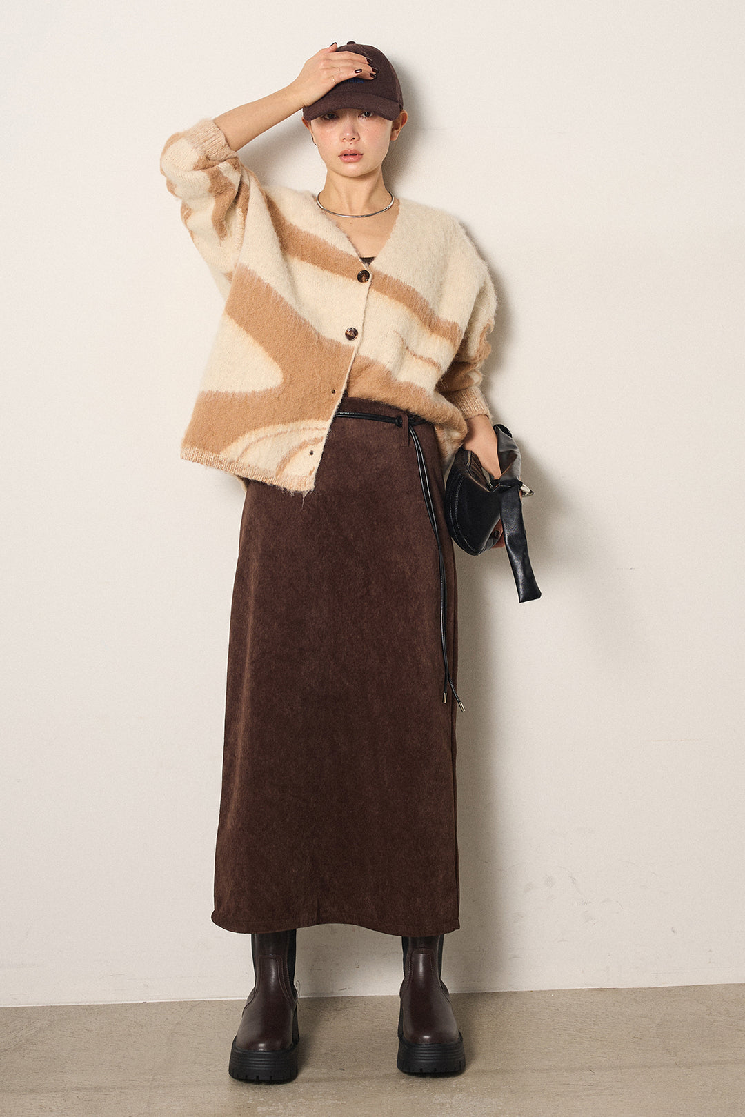 [SET]アクセントブラッシュドカーディガン+ロープベルト付きスウェード調スカート(2set)