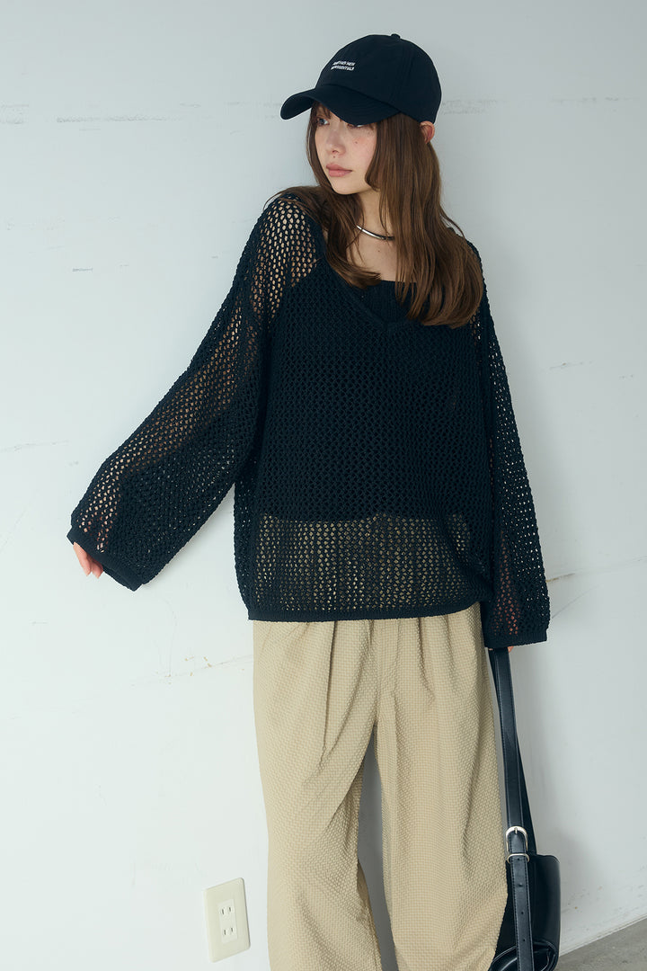 [SET]メッシュ編みビスチェセットVネックプルオーバー+シアサッカーイージーパンツ(2set)