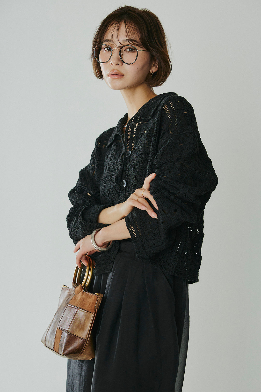 [SET]鍵編みフラワーレースカーディガン+オーガンジータックパンツ(2set)