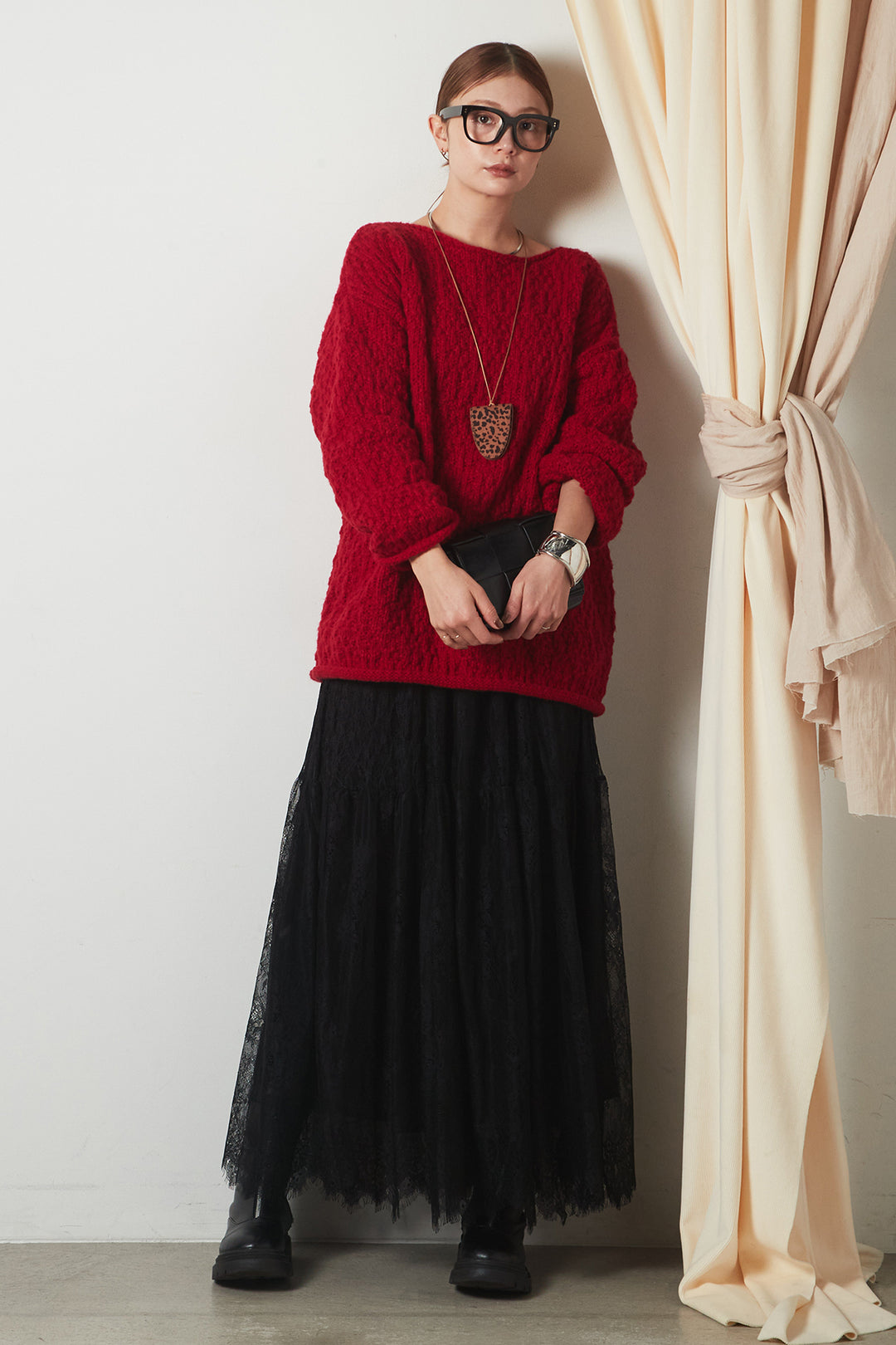 [SET]ボリューム編みニットプルオーバー+ひげレース切替ロング丈スカート(2set)