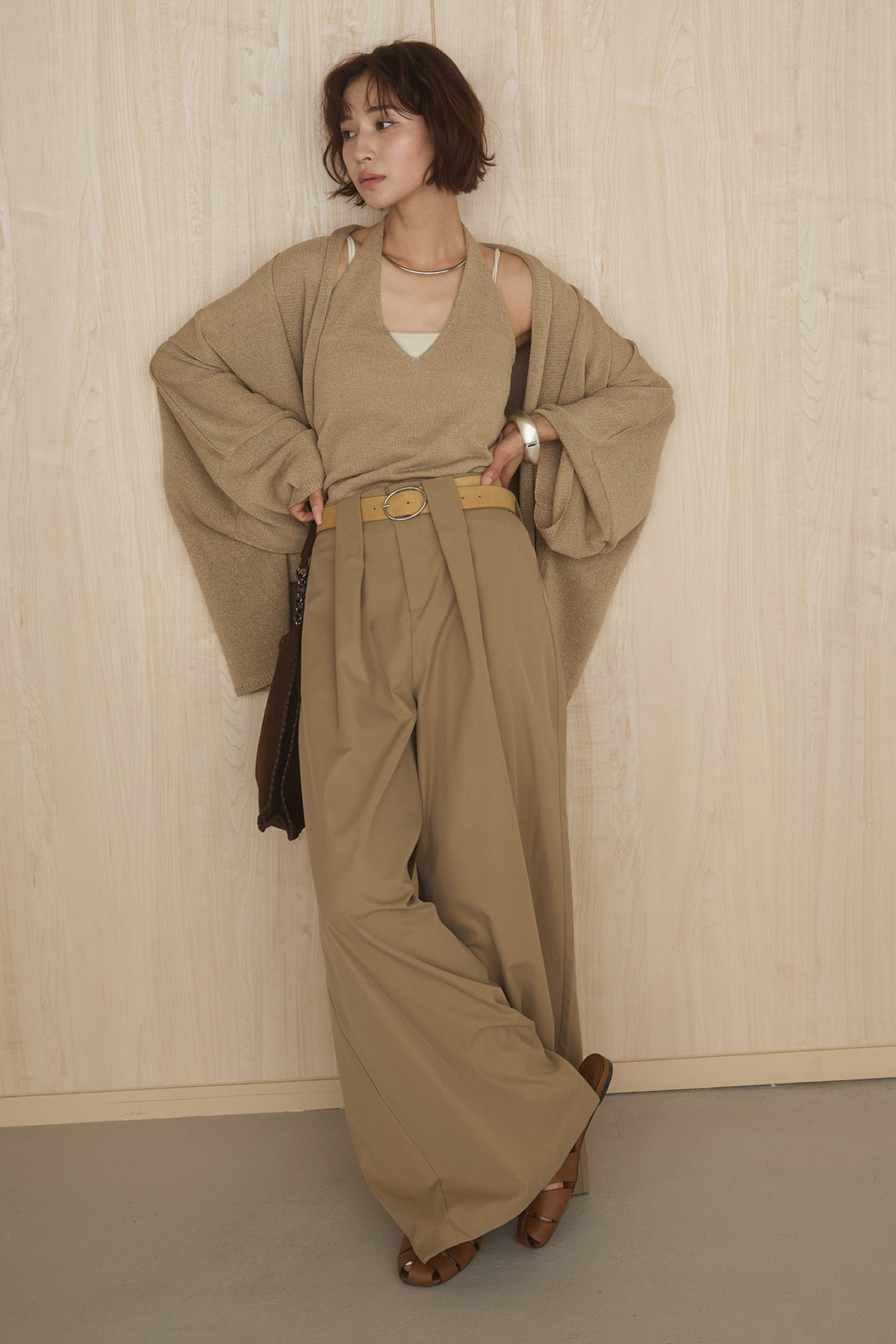 [SET]オーバードルマンカーディガン+ホルターネックインナー+ベルトループデザインハイウエストタックパンツ(3set)