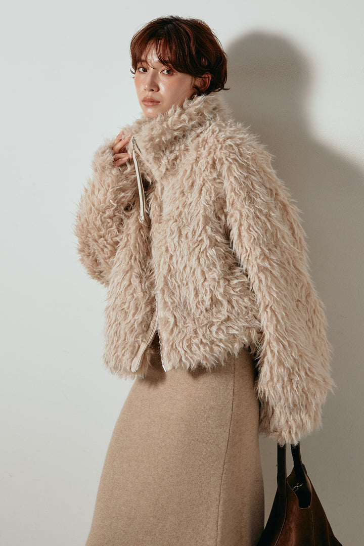 [SET]ミックスシープファースタンドブルゾン+ノースリーブニットロングワンピース(2set)