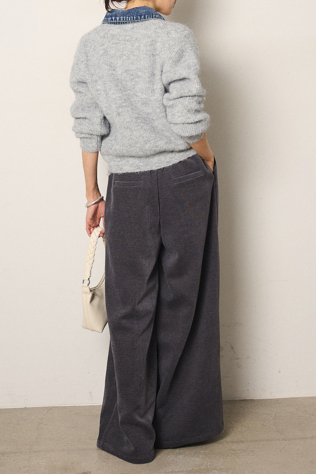 [SET]襟付きデニム切替ニットカーディガン+ベルトループコーデュロイワイドパンツ(2set)