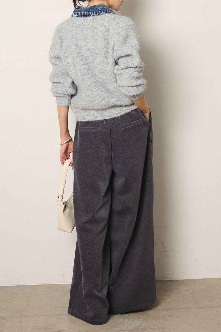 [SET]襟付きデニム切替ニットカーディガン+ベルトループコーデュロイワイドパンツ(2set)