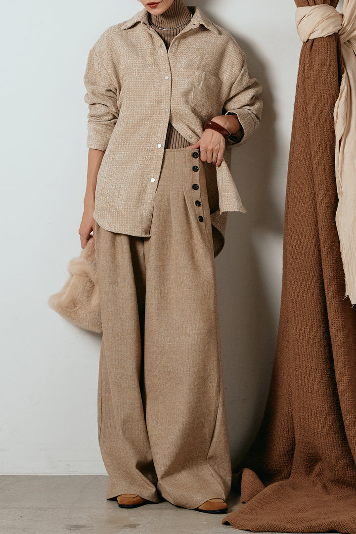 [SET]ルーズクラッシュツイルシャツ+リブニットシームレスタートルプルオーバー+サイドボタンツイードタックパンツ(3set)