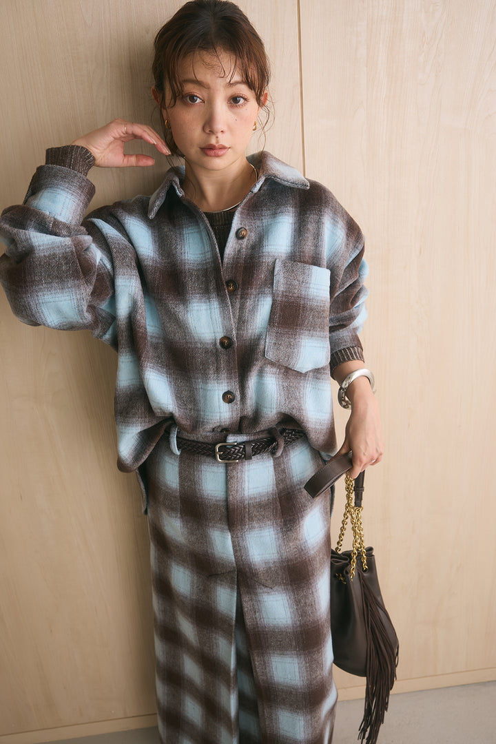 [SET]起毛チェック柄シャツジャケット+起毛チェック柄ボックスタックスカート(2set)