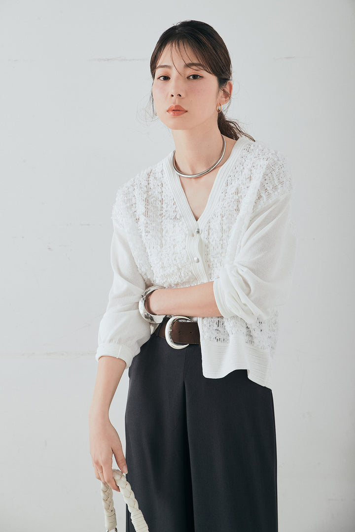 [SET]モコレースVネックカーディガン+太ベルト付きフロントタックパンツ(2set)